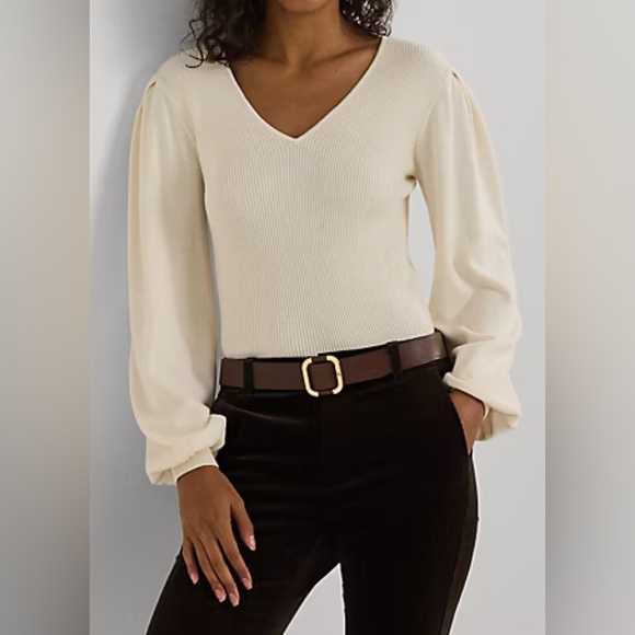 Lauren Ralph Lauren Tops - NWT Women Lauren RALPH LAUREN Cream Cotton-Blend Blouson Slim Sweater Large & XL
